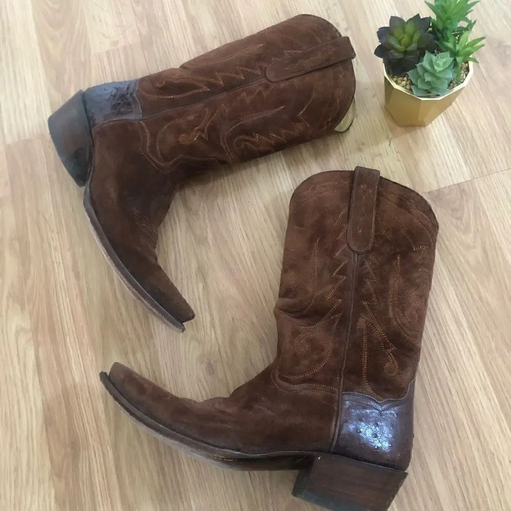 BACK AT THE RANCH El Rancho 12” Suede Leather/Ostrich Cowboy Boots